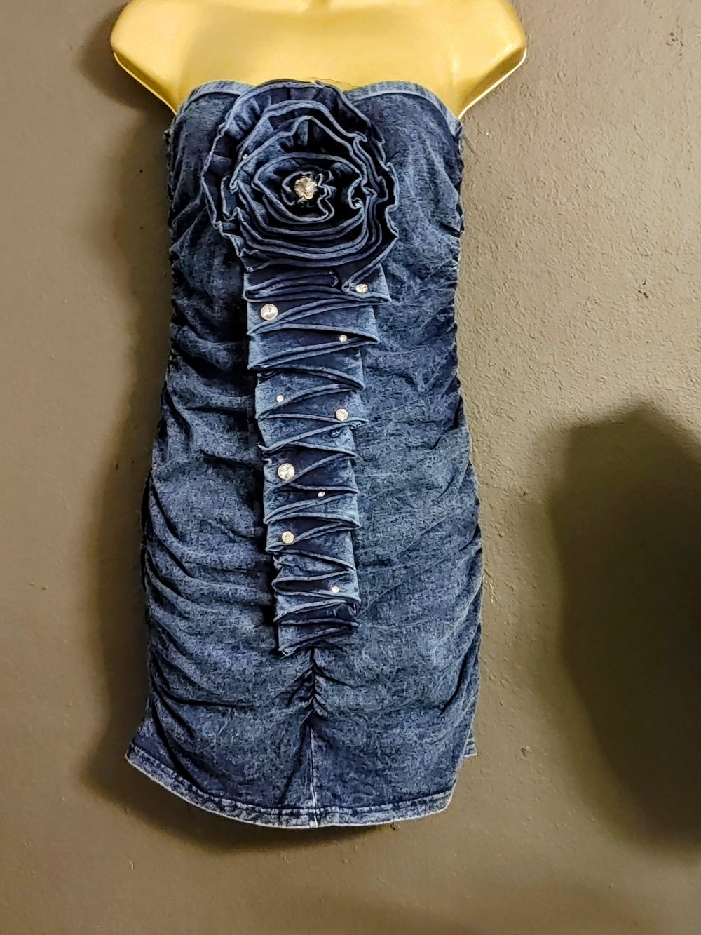 Strapless Dark Denim Cocktail Dress with Floral Applique